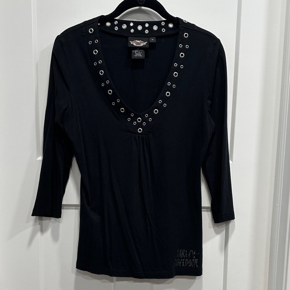 Harley-Davidson Tops - Harley-Davidson Black 3/4 Sleeve V-Neck Top Size Medium
